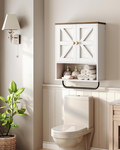 Bathroom Wall Cabinet, Medicine Cabinet with Open Partition and Towel Bar, Rustic Storage Cabinet with Open and Hidden Storage