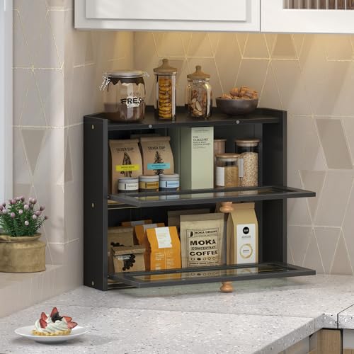 Black Corner Bread Box for Kitchen Countertop, Large Bread Container Storage Bamboo Wooden Farmhouse Bread Box with Window Bread