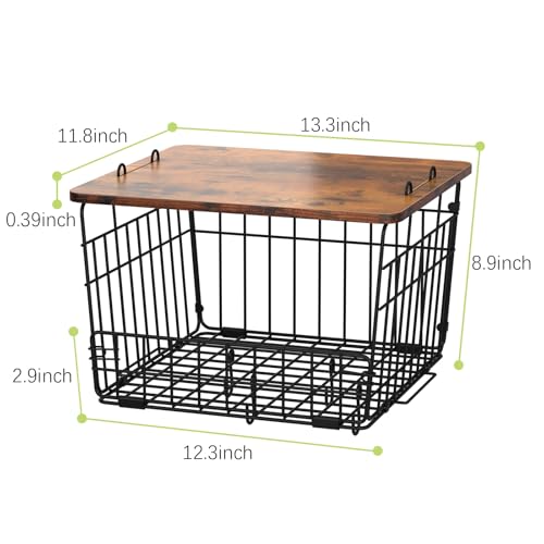 2 Pack Stackable Wire Basket with Wood Top, Pantry Organizer and Storage, Potato Basket Onion Storage for Kitchen Counter, Onion