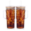 2 Pcs Glass Cups with Lids and Straws, 20oz/600ml Ice Glass Coffee Cups with Lids, Reusable Wide Mouth Tumbler with Handle &