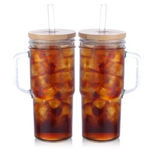 2 Pcs Glass Cups with Lids and Straws, 20oz/600ml Ice Glass Coffee Cups with Lids, Reusable Wide Mouth Tumbler with Handle &