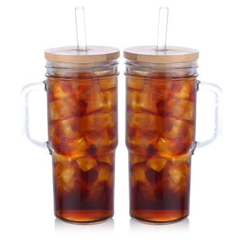 2 Pcs Glass Cups with Lids and Straws, 20oz/600ml Ice Glass Coffee Cups with Lids, Reusable Wide Mouth Tumbler with Handle &