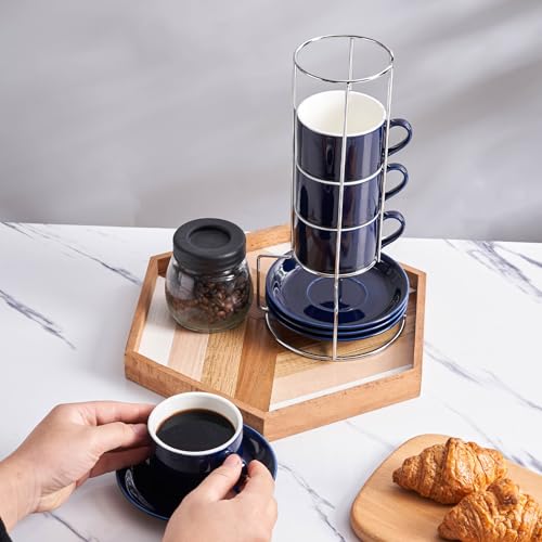 8 Ounce Porcelain Cappuccino Cups with Saucers and Silver Stand, Navy Cups Set of 4