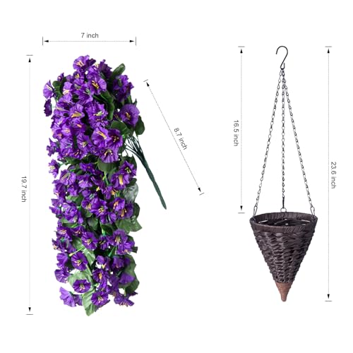 Artificial Faux Hanging Flowers Plants Basket for Spring Summer Outdoor Porch Decor, Fake Silk Purple Morning Glory Long Vine in