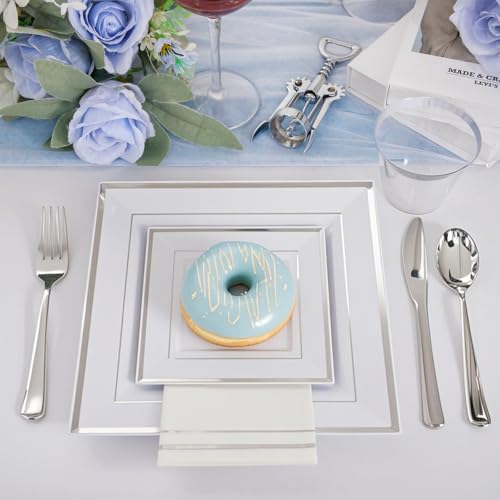 350Pcs Silver Plates - Silver Square Plastic Plates 9 .5" and 6" - serve for 50 guests include 50 Cups 50Plastic Cutlery 50Hand
