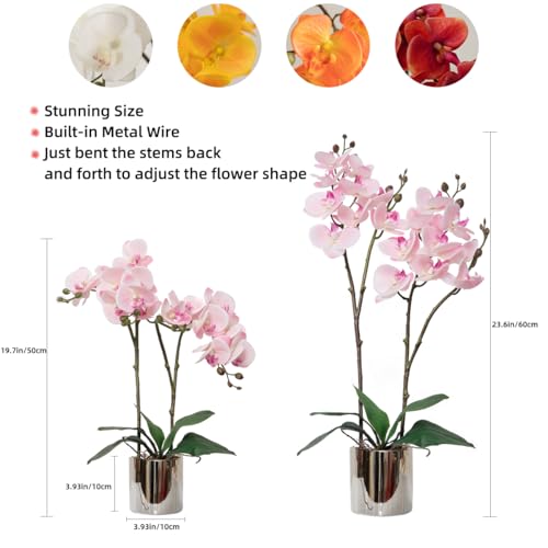 Artificial Orchid Flower Plant Real Touch Faux Orchids in Ceramic Vase Pink 19.7'' Fake Phalaenopsis Flower Arrangement