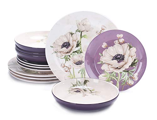 Purple Poppy Ceramic 12 pcs Dinnerware Set, Service for 4, Inclusive of 11 inch Dinner Plates, 8.75 inch Salad Plates and 35oz
