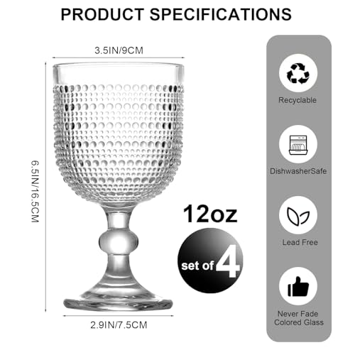 12 oz Clear Vintage Wine Glasses,Hobnail Drinking Glasses Set of 4,Embossed Goblet Glasses for Wedding,Party, Dinner,Bar