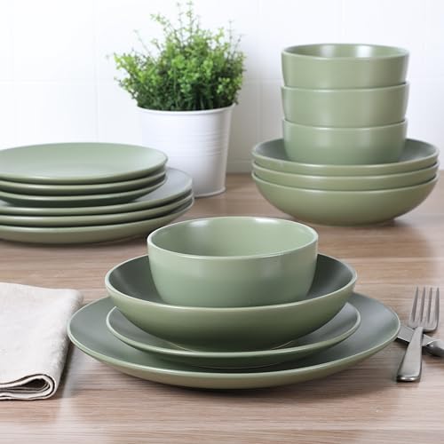 Queenslane 16 Piece Double Bowl Plates and Bowls Dinnerware Sets - Matte Green