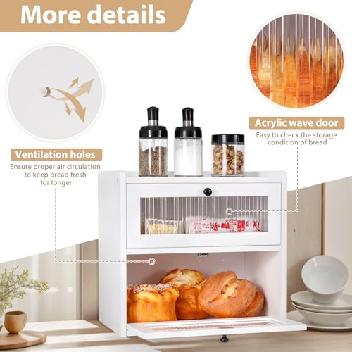 Bread Box for Kitchen Countertop Wooden Bread Storage Container Bin 2 Layer Breadbox Holder Large Capacity Keeper Vintage