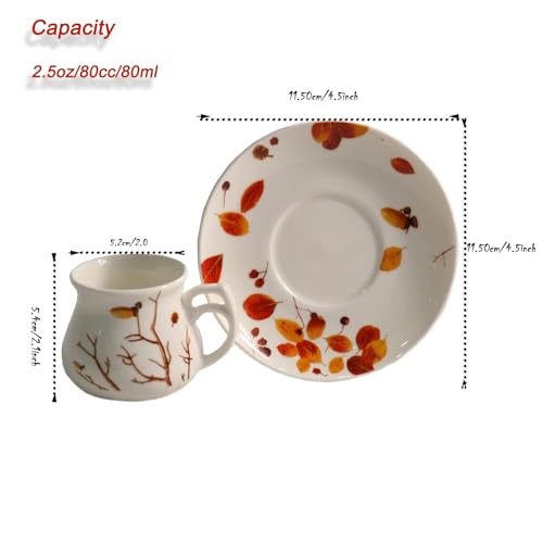 12 Pieces Fine Porcelain Espresso Cups and Saucers set of 6,2.5 oz,Espresso Shot Cup set for 6 Person,Antumn Leaves Parttern