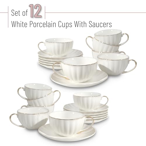 BTaT- White Tea Cups and Saucers Set of 12 (7 oz), Porcelain White Tea Cup Set of 12 with Golden Trim Design, Dishwasher Safe