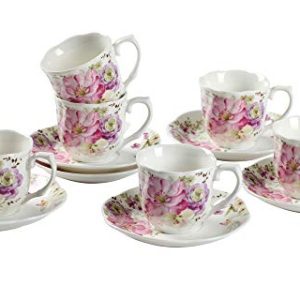 GY 12 PCS Tea Set - 7oz New Bone China tea Cups and Saucers with Pink Flower Pattern Porcelain Cups for Mocha Cappuccino Tea and