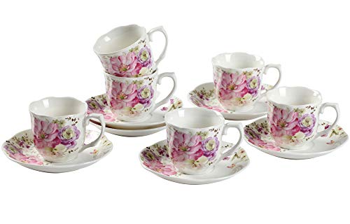 GY 12 PCS Tea Set - 7oz New Bone China tea Cups and Saucers with Pink Flower Pattern Porcelain Cups for Mocha Cappuccino Tea and