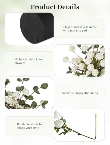 Fake Flowers in Vase for Centerpieces: Metal Vase with 12 Stems of Artificial Kiku Flowers Eucalyptuses Home Table Decor - White