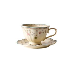 8 oz Vintage flower Ceramic cup and 6" saucer sets with Brand customized stainless steel spoon Gifts for Afternoon Tea Coffee
