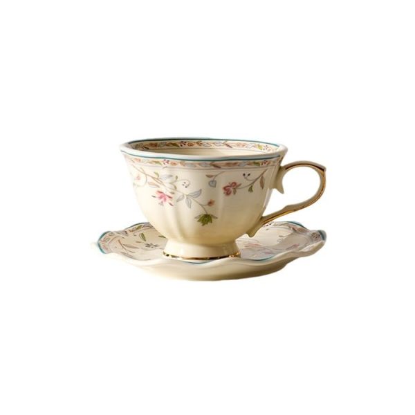 8 oz Vintage flower Ceramic cup and 6" saucer sets with Brand customized stainless steel spoon Gifts for Afternoon Tea Coffee