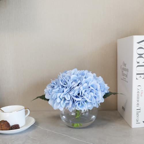 Hydrangea Fake Flowers in Vase, Silk Flowers in Vase with Faux Water for Home Decor Indoor (Blue)