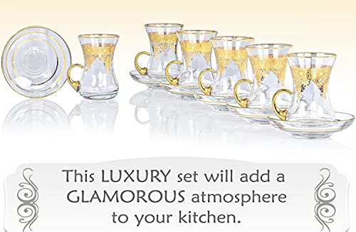 Gold Turkish Arabic Moroccan Tea Glasses Cups Set of 6 and Saucers Glassware Drinking Women Party Fancy Drinkware Style Vintage