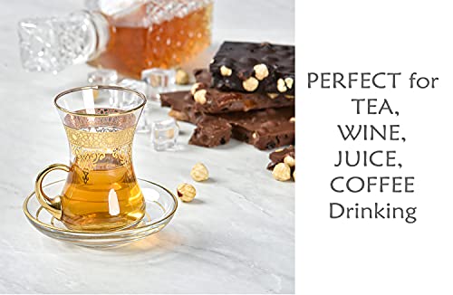 Gold Turkish Arabic Moroccan Tea Glasses Cups Set of 6 and Saucers Glassware Drinking Women Party Fancy Drinkware Style Vintage