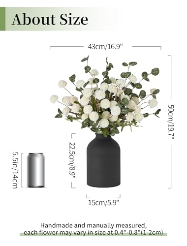 Fake Flowers in Vase for Centerpieces: Metal Vase with 12 Stems of Artificial Kiku Flowers Eucalyptuses Home Table Decor - White