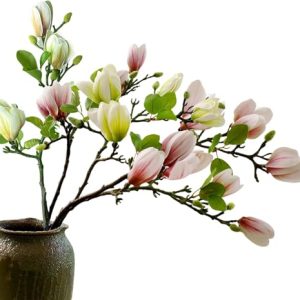 Magnolia Artificial Flowers Branches (Not Included Vase), Faux Fake 20 Heads Magnolias Stems Floral Arrangement Home Decor for