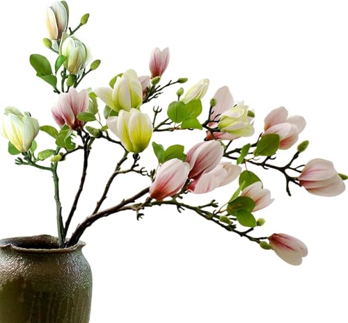 Magnolia Artificial Flowers Branches (Not Included Vase), Faux Fake 20 Heads Magnolias Stems Floral Arrangement Home Decor for