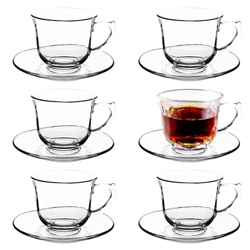 Glass Tea Cups and Saucers Set of 6 - Glass Coffee Mugs -Teacups for Espresso Cappuccino Latte Tea - Dishwasher Microwave Safe