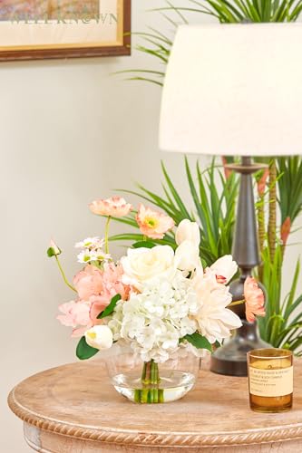 Artificial Flowers in Vase for Seasonal Decor, Mixed White Tulips & Pink Silk Fake Flowers Bouquet Arrangements in Glass Vase