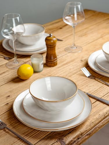 Dinnerware Sets for 4, Ocean Round 12-Piece Kitchen Plates and Bowls Sets, Reactive Glaze, Microwave and Dishwasher Safe,