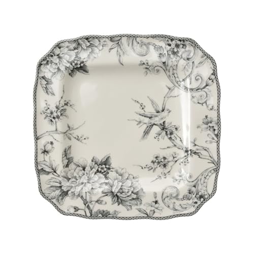 Adelaide 16-Piece Square Floral Dinnerware Set – Service for 4, Grey & White Porcelain Plates & Bowls, for Everyday Dining &