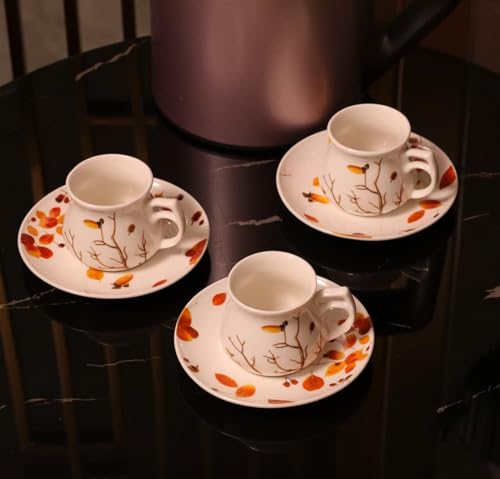 12 Pieces Fine Porcelain Espresso Cups and Saucers set of 6,2.5 oz,Espresso Shot Cup set for 6 Person,Antumn Leaves Parttern