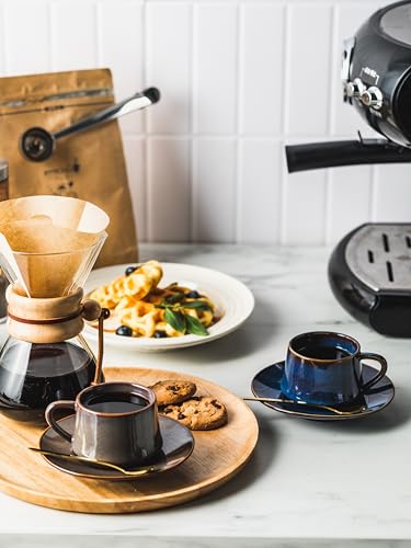 Espresso Cups 4 Oz, Porcelain Coffee Cups Set of 6 Espresso Cup with Saucers, Meatal Stand, and Stir Spoons, Brown Expresso