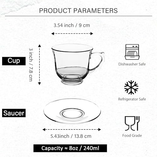 Glass Tea Cups and Saucers Set of 6 - Glass Coffee Mugs -Teacups for Espresso Cappuccino Latte Tea - Dishwasher Microwave Safe