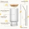 Iced Coffee Cups with Lids 4 Pcs - 16 OZ Glass Cups with Lids and Straws, Reusable Ice Coffee Tumbler, Clear Ribbed Drinking