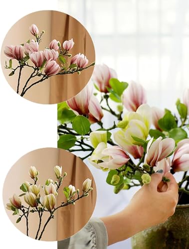 Magnolia Artificial Flowers Branches (Not Included Vase), Faux Fake 20 Heads Magnolias Stems Floral Arrangement Home Decor for
