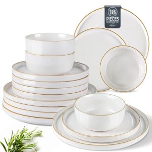 Dinnerware Set, 18 Piece Ceramic Plates and Bowls, Stoneware Plates Handpainted, Dishwasher & Microwave Safe (Speckled White,