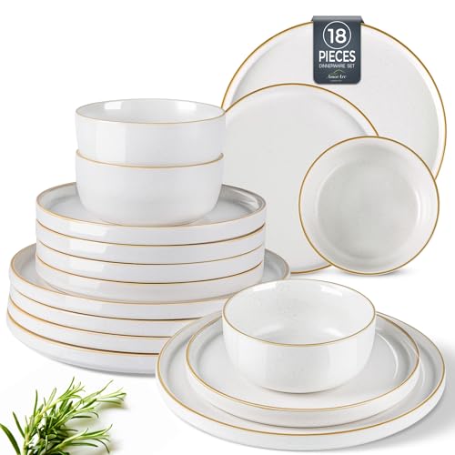 Dinnerware Set, 18 Piece Ceramic Plates and Bowls, Stoneware Plates Handpainted, Dishwasher & Microwave Safe (Speckled White,