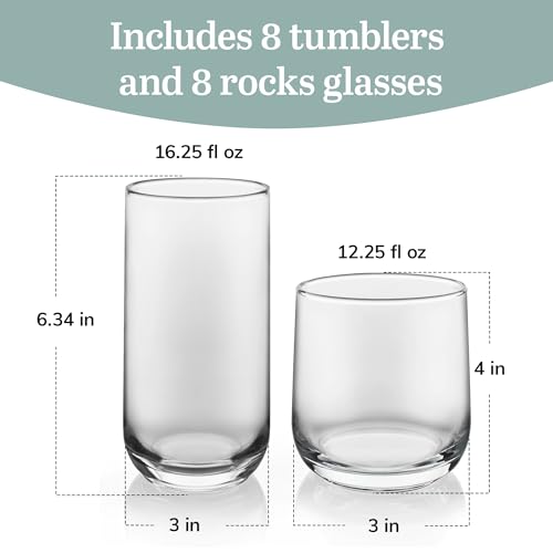 Ascent Tumbler and Rocks Drinking Glasses Set of 16, Glass Drinking Glasses with Curvature, Versatile Glassware Set for Parties