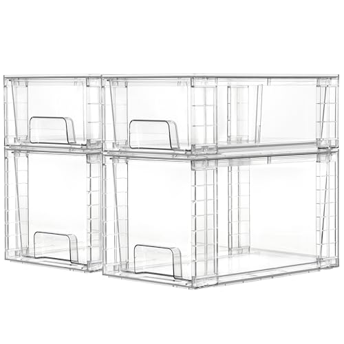 4 Pack Clear Stackable Storage Drawers,Easy to Assemble Bathroom Organizers and Storage with handles,Plastic Drawers for Kitchen