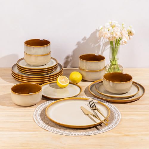 Ceramic Dinnerware Sets for 4,12-Piece Plates and Bowls,Handmade Reactive Glaze Dishes Set,Chip Resistant and Scratch Resistant
