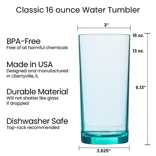 Classic Plastic Reusable Drinking Glasses (Set of 6) 16oz Water Cups Assorted Colors | BPA-Free Tumblers, Made in USA | Top-Rack