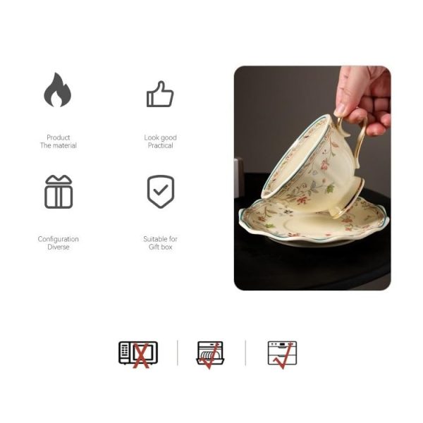 8 oz Vintage flower Ceramic cup and 6" saucer sets with Brand customized stainless steel spoon Gifts for Afternoon Tea Coffee