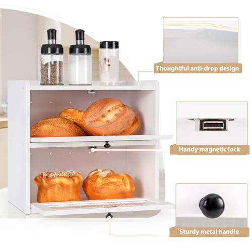 Bread Box for Kitchen Countertop Wooden Bread Storage Container Bin 2 Layer Breadbox Holder Large Capacity Keeper Vintage