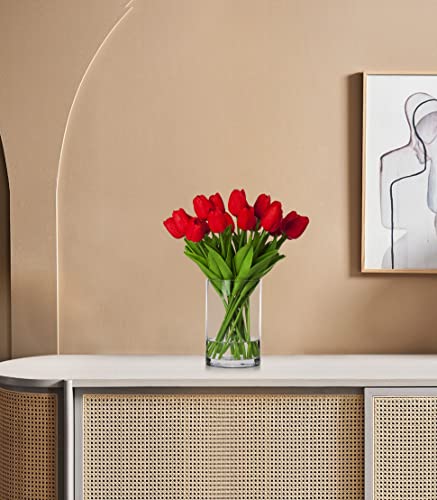 20 Pieces Real Touch Artificial Tulips Flowers in Vase, Fake Red Tulips with Vase and Faux Water for Home Wedding Decoration,