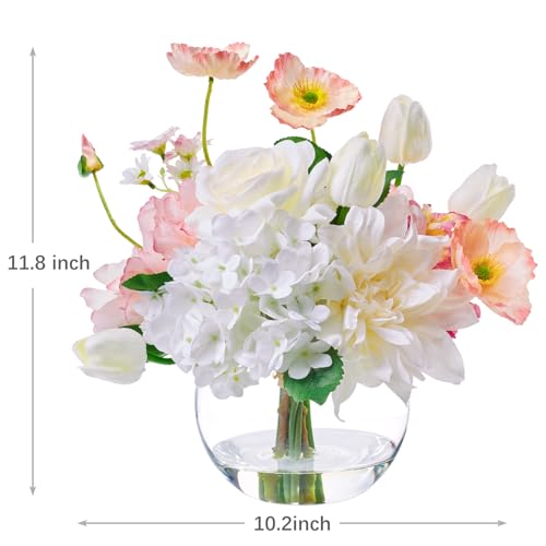 Artificial Flowers in Vase for Seasonal Decor, Mixed White Tulips & Pink Silk Fake Flowers Bouquet Arrangements in Glass Vase