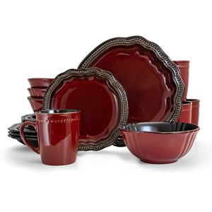 Stoneware Round Oval Dinnerware Dish Set Dark Red