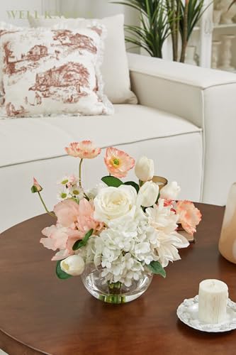 Artificial Flowers in Vase for Seasonal Decor, Mixed White Tulips & Pink Silk Fake Flowers Bouquet Arrangements in Glass Vase