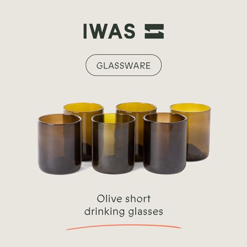 IWAS Upcycled Olive Drinking Glasses | 250 ML | 8.45 OZ | Set of 6 | Sustainable Water Glasses | Environmentally Friendly Dark