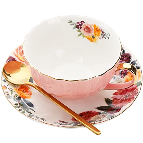 Set of 2 Tea Cup and Saucers, 8 Oz Floral Tea Cups with Gold Trim and Spoon, Porcelain British Coffee Cups, Cappuccino Espresso